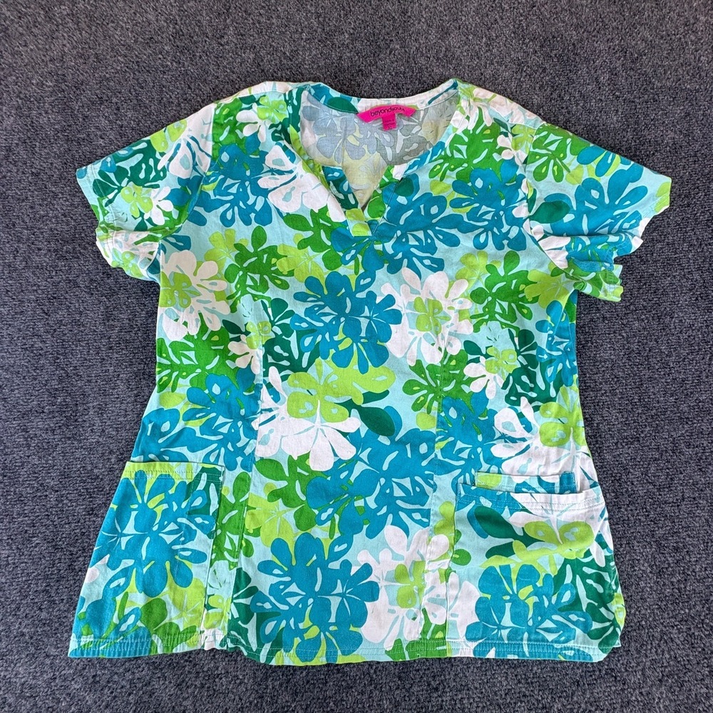 Beyond Scrubs Top Womens XL Multicolor Floral Cotton Stretch Split Neck Medical